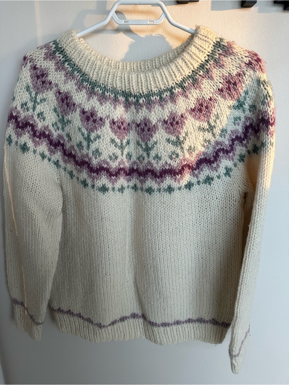Crewneck Fair Isle Sweater in Cream with Pink and Green Accents